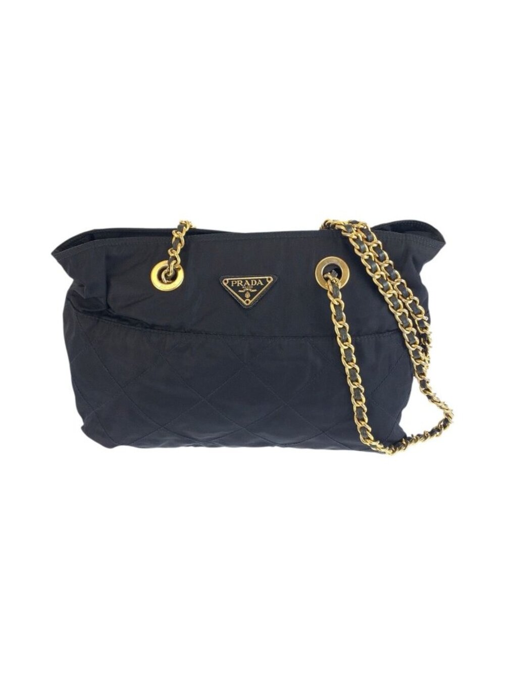 Prada Vintage Tessuto Navy Gold Nylon Leather Tote Shoulder Bag